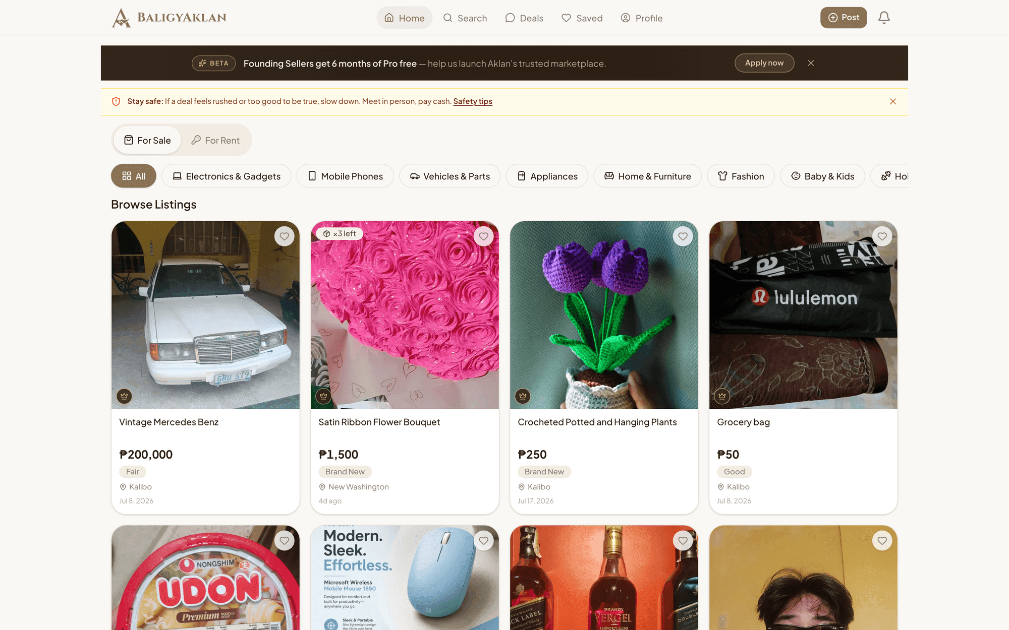 The BaligyAklan marketplace homepage: a For Sale and For Rent toggle, category filters, and listings showing price, condition, and municipality.